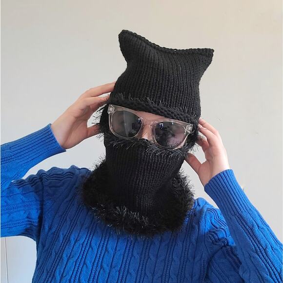 Black Cat Fairy Grunge Fuzzy Knitted Handmade Balaclava Winter Hat - Picture 4 of 8